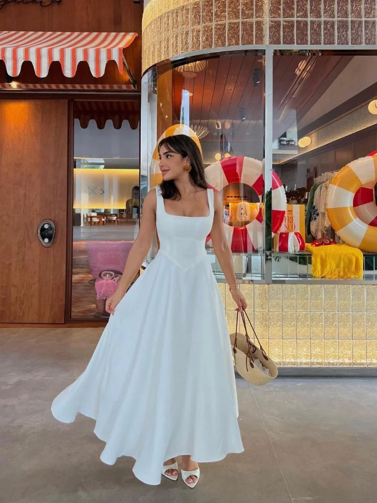 Elegant White High Waist Fashion Square Neck Sleeveless A-line Dress