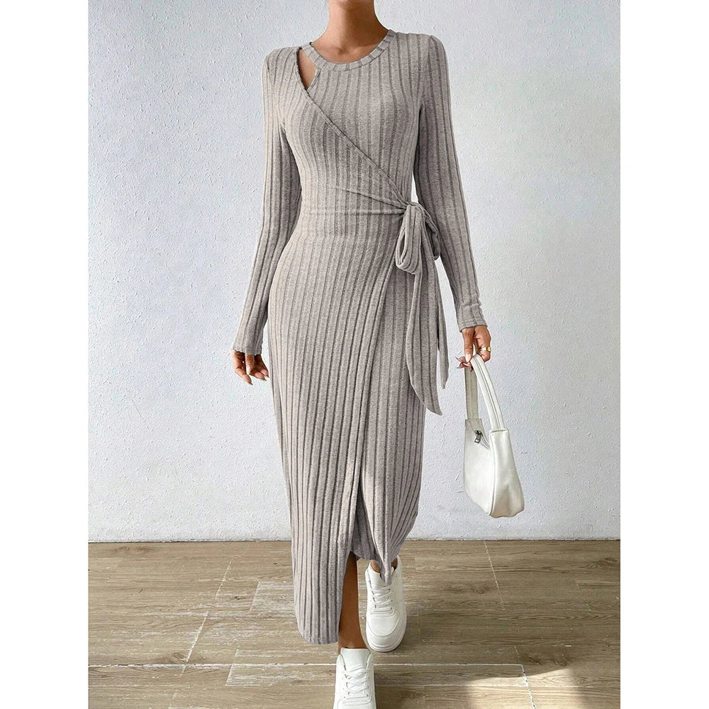 Fitting Slim Asymmetric Knot Long Sleeve Round Neck Maxi Full Dresses