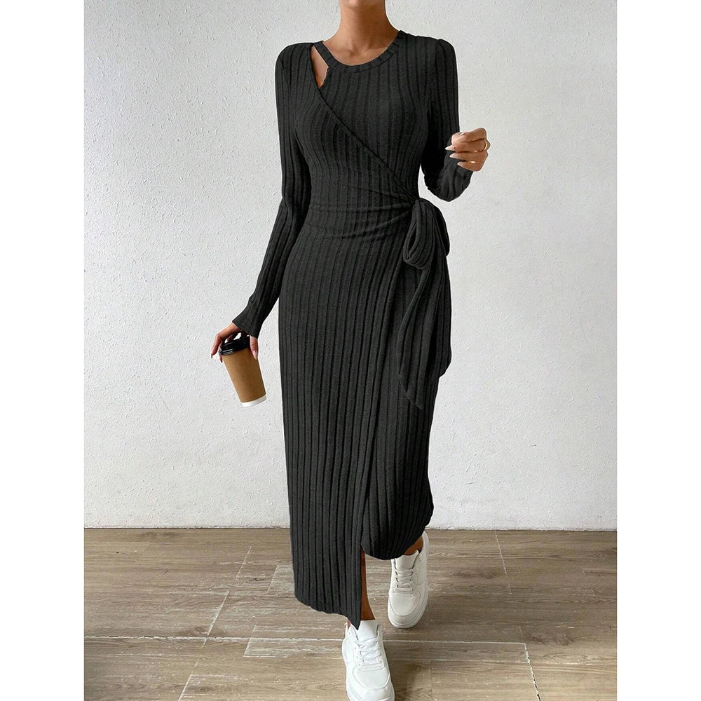 Fitting Slim Asymmetric Knot Long Sleeve Round Neck Maxi Full Dresses