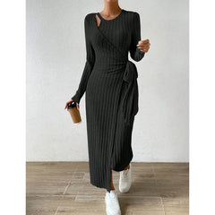 Fitting Slim Asymmetric Knot Long Sleeve Round Neck Maxi Full Dresses