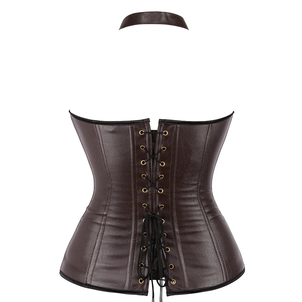 Black Brown Basques Faux Leather Bustier Corset Top