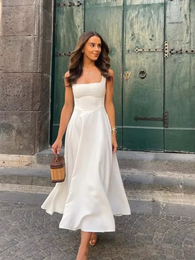 Elegant White High Waist Fashion Square Neck Sleeveless A-line Dress