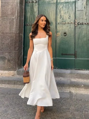 Elegant White High Waist Fashion Square Neck Sleeveless A-line Dress