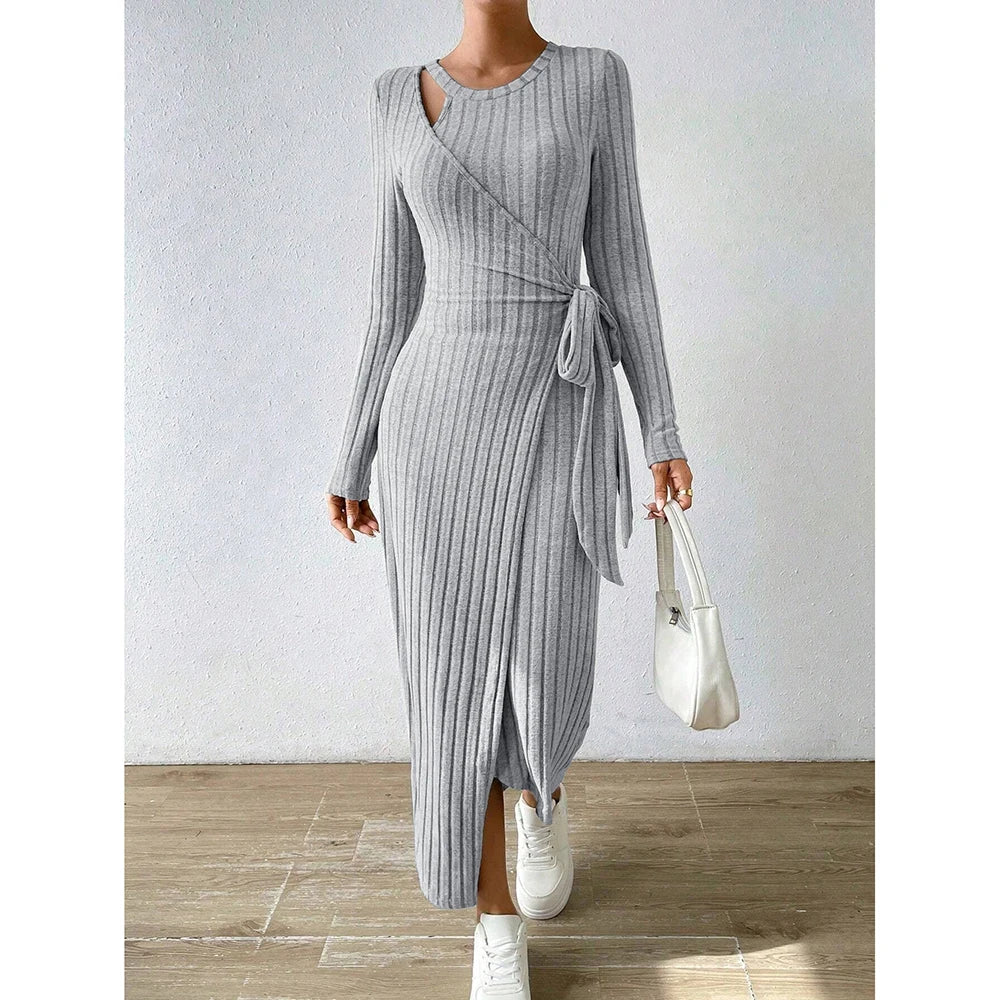 Fitting Slim Asymmetric Knot Long Sleeve Round Neck Maxi Full Dresses
