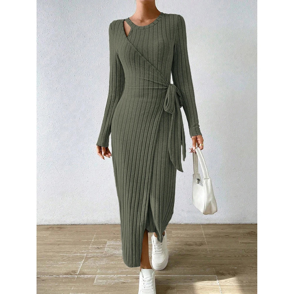Fitting Slim Asymmetric Knot Long Sleeve Round Neck Maxi Full Dresses