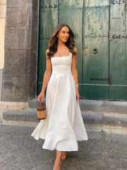 Elegant White High Waist Fashion Square Neck Sleeveless A-line Dress