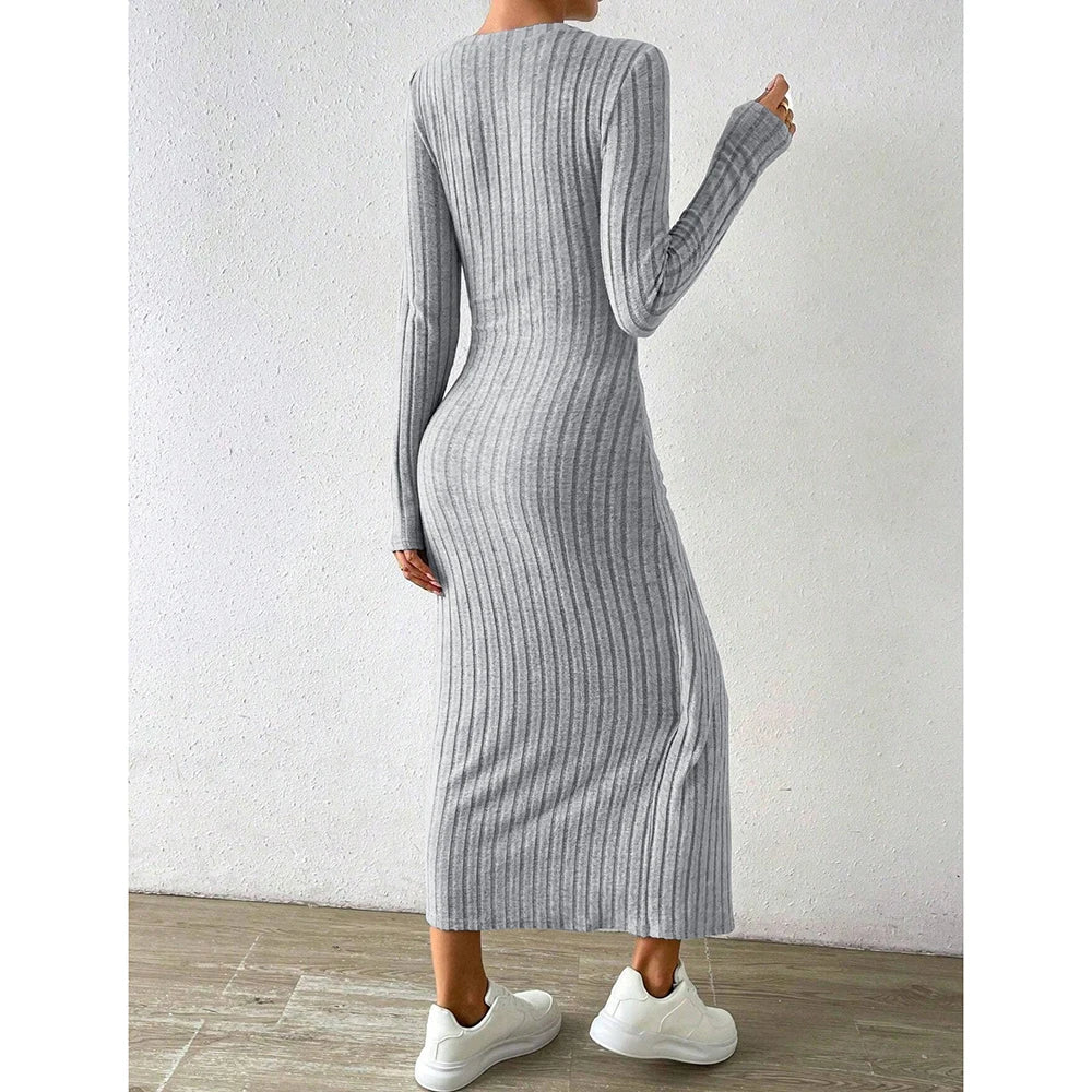 Fitting Slim Asymmetric Knot Long Sleeve Round Neck Maxi Full Dresses