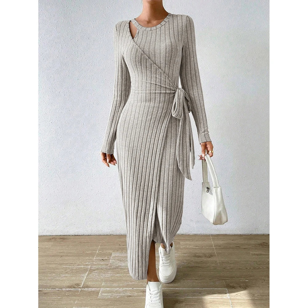 Fitting Slim Asymmetric Knot Long Sleeve Round Neck Maxi Full Dresses