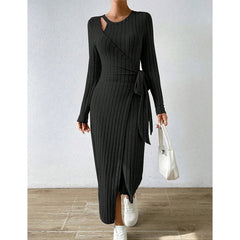 Fitting Slim Asymmetric Knot Long Sleeve Round Neck Maxi Full Dresses
